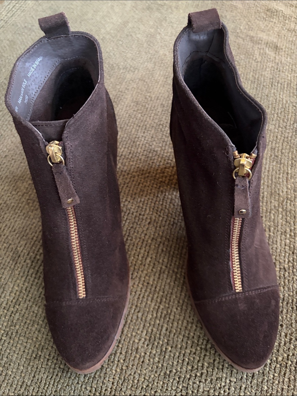 Women's Dark Brown Suede Front-Zip Ankle Booties with Gold Hardware